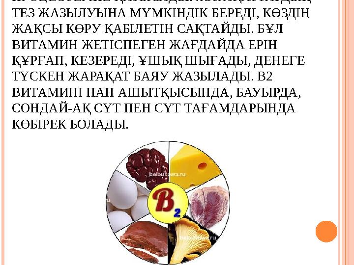 В2 ВИТАМИНІ БИОЛОГИЯЛЫҚ ТОТЫҒУ ПРОЦЕСТЕРІНЕ ҚАТЫСАДЫ. ЖАРАҚАТТАРДЫҢ ТЕЗ ЖАЗЫЛУЫНА МҮМКІНДІК БЕРЕДІ, КӨЗДІҢ ЖАҚСЫ КӨРУ ҚАБІЛ