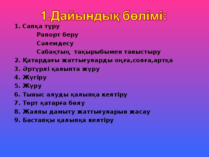 1. Сапқа тұру Рапорт беру Сәлемдесу Сабақтың тақырыбымен таныстыру 2. Қатардағы жатт