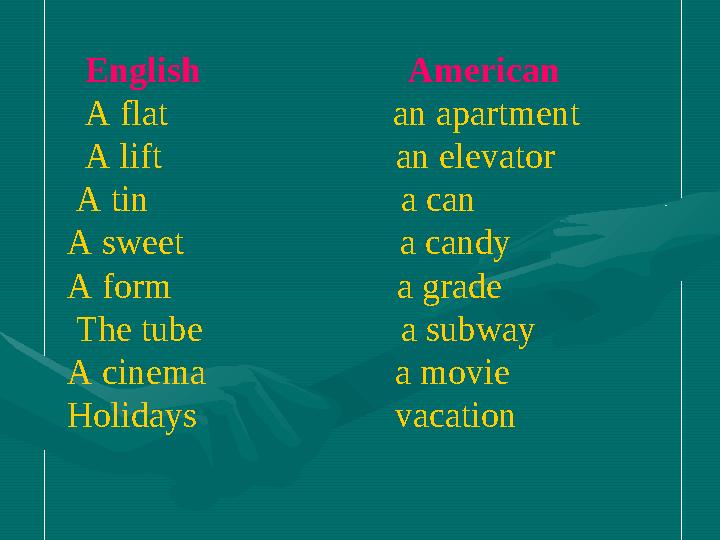 English American A flat an apartment A lift