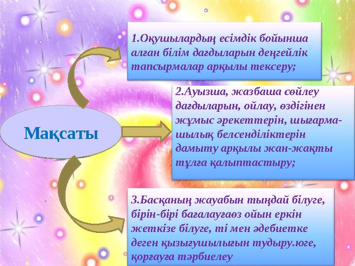 Мақсаты 1.Оқушылардың есімдік бойынша алған білім дағдыларын деңгейлік тапсырмалар арқылы тексеру; 2.Ауызша, жазбаша сөйлеу