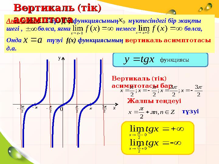 2  2    2 3 2 3 xy 0 tgx y  функциясы Вертикаль ( ) тік асимптотасы бар 2 3 ; 2 3 ; 2 ; 2    