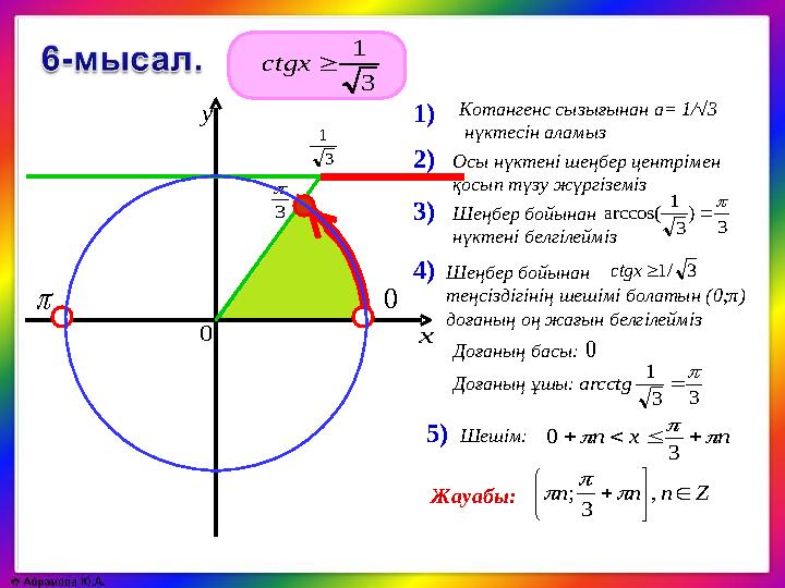 0 3  у 3 1  ctgx 3 ) 3 1 arccos(  Котангенс сызығынан a= 1 /√3 нүктесін аламыз n x n        3 01)