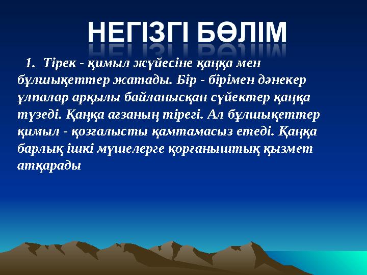 1. Тірек - қимыл жүйесіне қаңқа мен бұлшықеттер жатады. Бір - бірімен дәнекер ұлпалар арқылы байланысқан сүйе