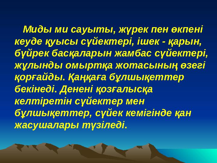 Миды ми сауыты, жүрек пен өкпені кеуде қуысы сүйектері, ішек - қарын, бүйрек басқаларын жамбас сүйектері, жұлынды омыр