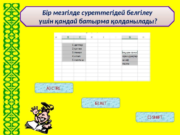 А) CTRL Б) ALT С) SHIFTБір мезгілде суреттегідей белгілеу үшін қандай батырма қолданылады?Бір мезгілде суреттегідей белгі