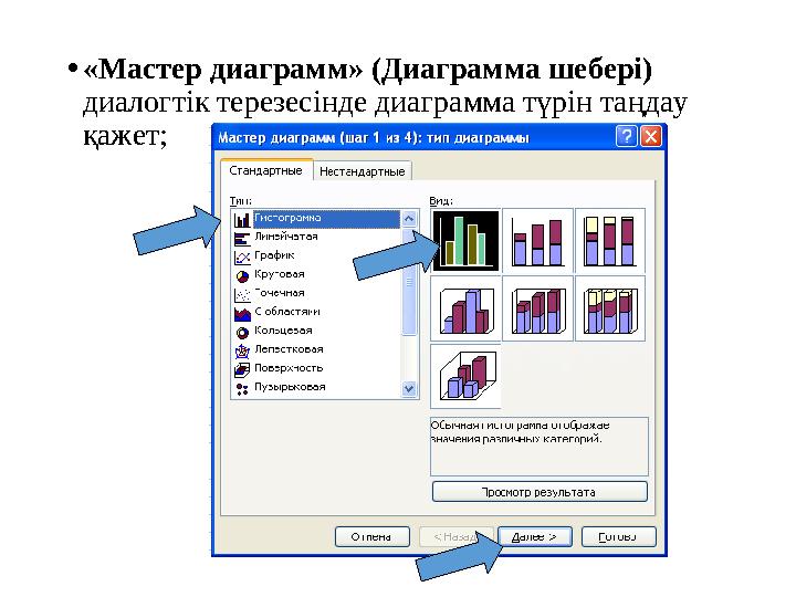 • «Мастер диаграмм» (Диаграмма шебері) диалогтік терезесінде диаграмма түрін таңдау қажет;