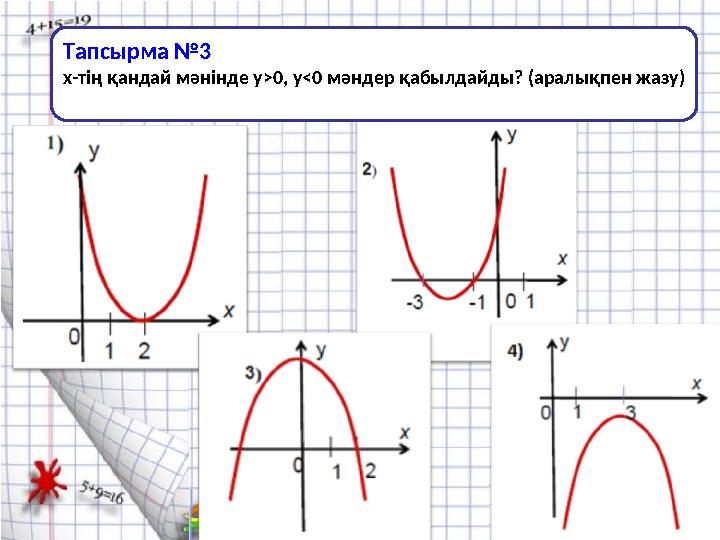 Тапсырма №3 х-тің қандай мәнінде у > 0, у < 0 мәндер қабылдайды? (аралықпен жазу)