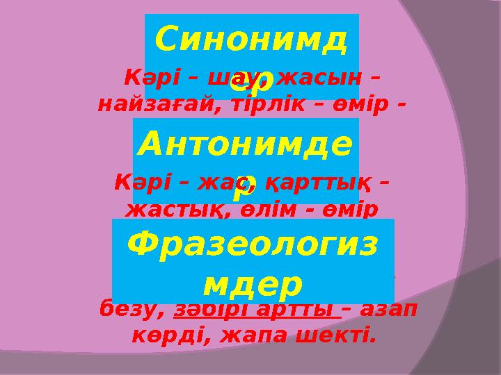 Синонимд ерКәрі – шау, жасын – найзағай, тірлік – өмір - ғұмыр Антонимде рКәрі – жас, қарттық – жастық, өлім - өмір Тәр