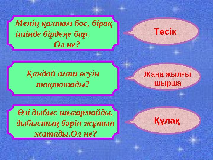 Тесік Менің қалтам бос, бірақ ішінде бірдеңе бар. Ол не? Қандай ағаш өсуін тоқтатады? Жаңа жылғы шырша Өз