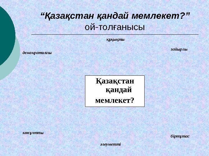 “ Қазақстан қандай мемлекет?” ой-толғанысы Қазақстан қандай мемлекет?демократиялы зайырлы көпұлтты құқықты әлеуметті біртұ