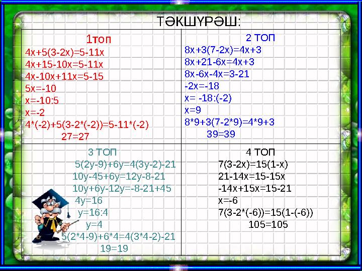 Ашық сабақтар ТӘКШҮРӘШ: 1 топ 4 x+5(3-2x)=5-11x 4x+15-10x=5-11x 4