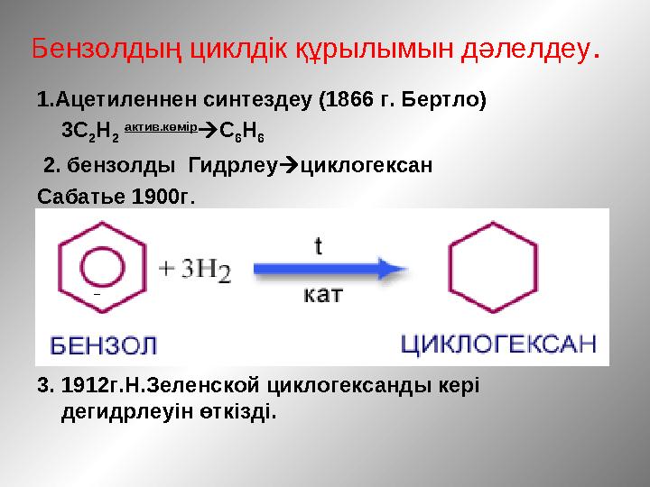 Бензолдың циклдік құрылымын дәлелдеу. 1.Ацетиленнен синтездеу (1866 г. Бертло) 3С 2Н 2 актив.көмір С 6Н 6 2. бензолды