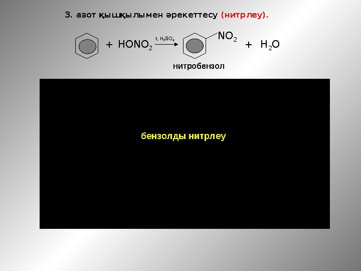 3. азот қышқылымен әрекеттесу (нитрлеу). +HONO 2 NO 2 +H 2 O t, H 2SO 4 нитробензол ПОЛУЧЕНИЕ бензолды нитрлеу