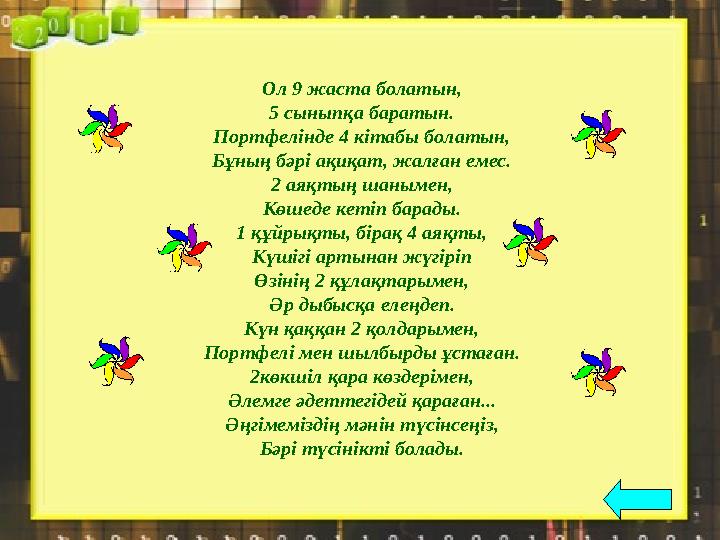 Ол 9 жаста болатын, 5 сыныпқа баратын. Портфелінде 4 кітабы болатын, Бұның бәрі ақиқат, жалған емес. 2 аяқтың шанымен, Көшеде ке