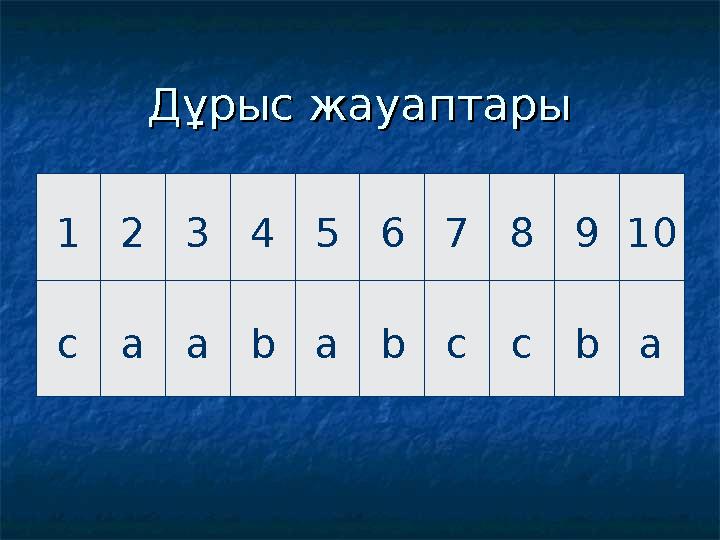 Дұрыс жауаптарыДұрыс жауаптары 12345678910 caababccba