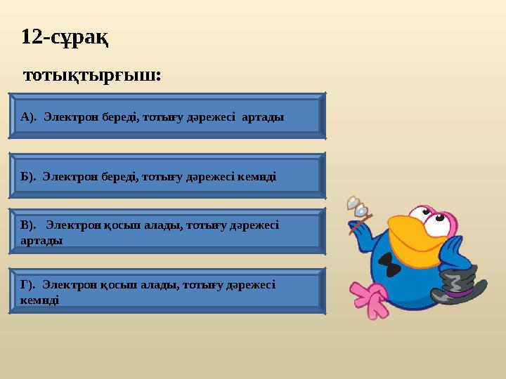 12-сұрақ Г). Электрон қосып алады, тотығу дәрежесі кемиді А). Электрон береді, тотығу дәрежесі артады Б). Электрон беред