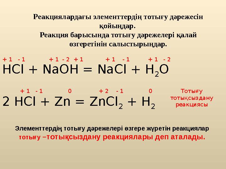 Реакциялардағы элементтердің тотығу дәрежесін қойыңдар. Реакция барысында тотығу дәрежелері қалай өзгеретінін салыстырыңдар.