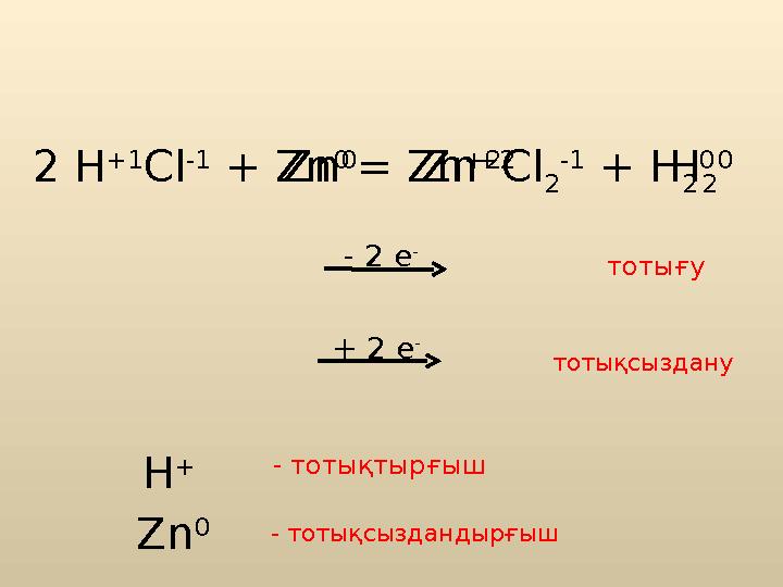 - 2 е - 2 H +1 Cl -1 + Zn 0 = Zn +2 Cl 2 -1 + H 2 0 Zn 0 2 H + Zn +2 H 2 0 + 2 е - тотығу тотықсыздану H + Zn 0 - тотықтырғы