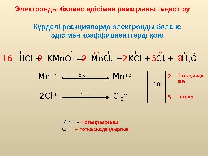 Электронды баланс әдісімен реакцияны теңестіру Күрделі реакцияларда электронды баланс әдісімен коэффициенттерді қою HCl + K
