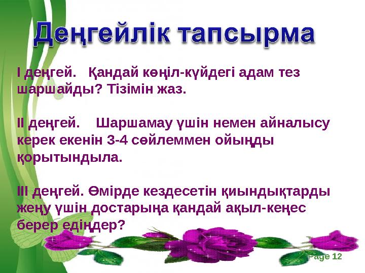 Free Powerpoint Templates Page 12 І деңгей. Қандай көңіл-күйдегі адам тез шаршайды? Тізімін жаз. ІІ деңгей. Шаршамау үшін