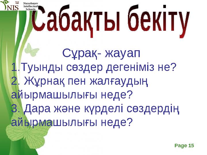 Free Powerpoint Templates Page 15 Сұрақ- жауап 1.Туынды сөздер дегеніміз не? 2. Жұрнақ пен жалғаудың ай