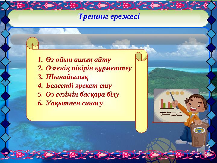 Тренинг ережес і 1. Өз ойын ашық айту 2. Өзгенің пікірін құрметтеу 3. Шынайылық 4. Белсенді әрекет ету 5. Өз сезімін басқара біл