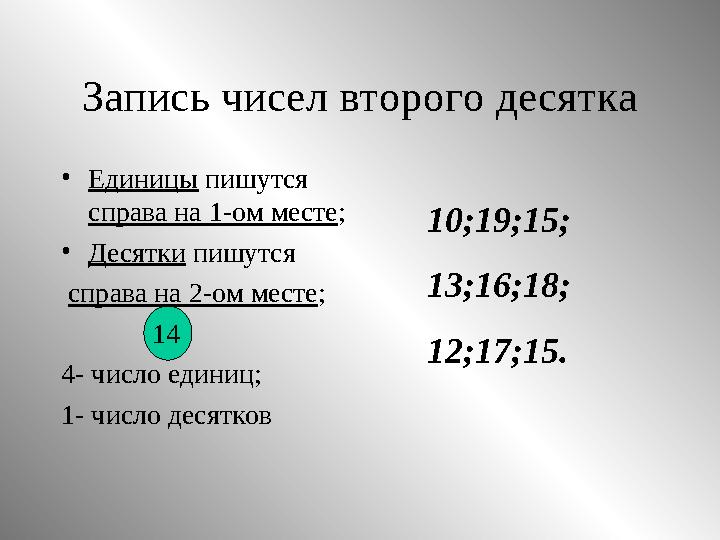 Запись чисел второго десятка •Единицы пишутся справа на 1-ом месте; •Десятки пишутся справа на 2-ом месте; 14 4