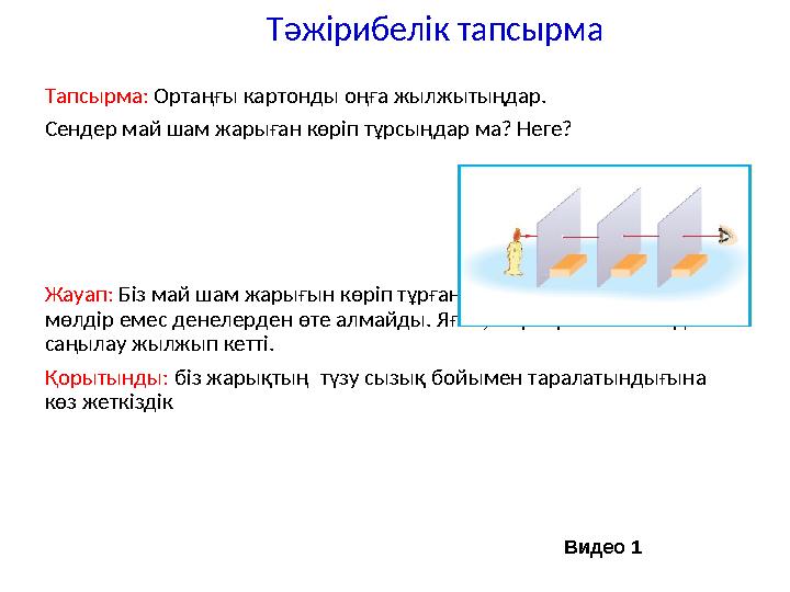 Тәжірибелік тапсырма Тапсырма: Ортаңғы картонды оңға жылжытыңдар. Сендер май шам жарыған көріп тұрсыңдар ма? Неге? Жауап: Біз