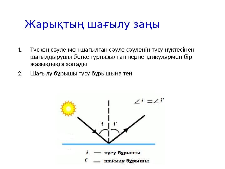 Жарықтың шағылу заңы 1.Түскен сәуле мен шағылған сәуле сәуленің түсу нүктесінен шағылдырушы бетке тұрғызылған перпендикулярмен