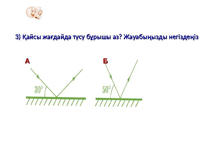3) Қайсы жағдайда түсу бұрышы аз? Жауабыңызды негіздеңіз3) Қайсы жағдайда түсу бұрышы аз? Жауабыңызды негіздеңіз AA ББ