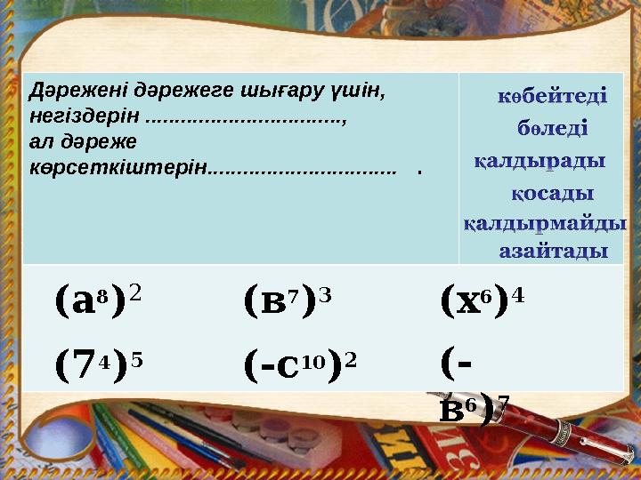 Дәрежені дәрежеге шығару үшін, негіздерін ................................., ал дәреже көрсеткіштерін........................