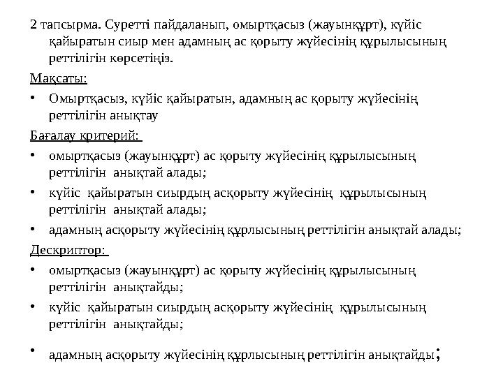 2 тапсырма. Суретті пайдаланып, омыртқасыз (жауынқұрт), күйіс қайыратын сиыр мен адамның ас қорыту жүйесінің құрылысының ретті