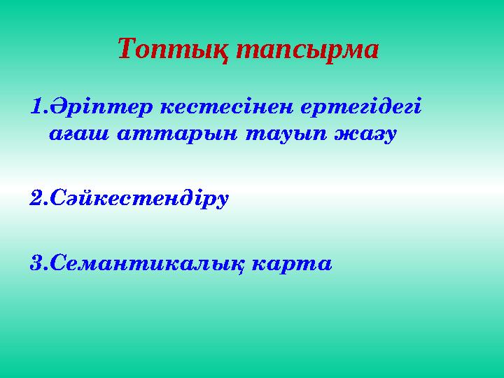 Топтық тапсырма 1.Әріптер кестесінен ертегідегі ағаш аттарын тауып жазу 2.Сәйкестендіру 3.Семантикалық карта