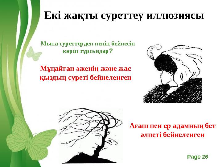 Free Powerpoint Templates Page 26 Екі жақты суреттеу иллюзиясы Мына суреттерден ненің бейнесін көріп тұрсыздар? Мұңайған әженің