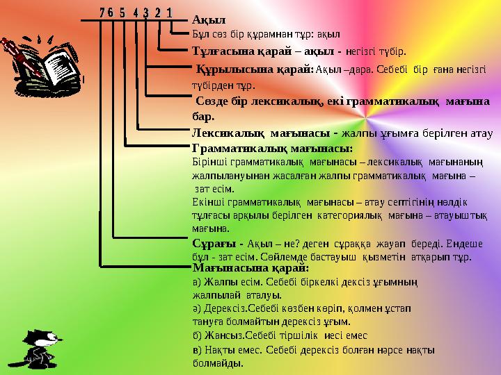 Ақыл Бұл сөз бір құрамнан тұр: ақыл Тұлғасына қарай – ақыл - негізгі түбір. Құрылысына қарай:Ақыл –дара. Себебі бір ғана нег
