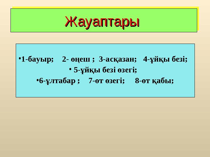 ЖауаптарыЖауаптары ЖауаптарыЖауаптары • 1-бауыр; 2- өңеш ; 3-асқазан; 4-ұйқы безі; • 5-ұйқы безі өзегі; • 6-ұл