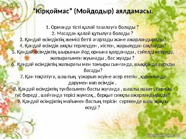 “ Кірқоймас” (Мойдодыр) аялдамасы. 1. Орманда тісті қалай тазалауға болады ? 2. Масадан қалай құтылуға болады ? 3. Қандай өсім