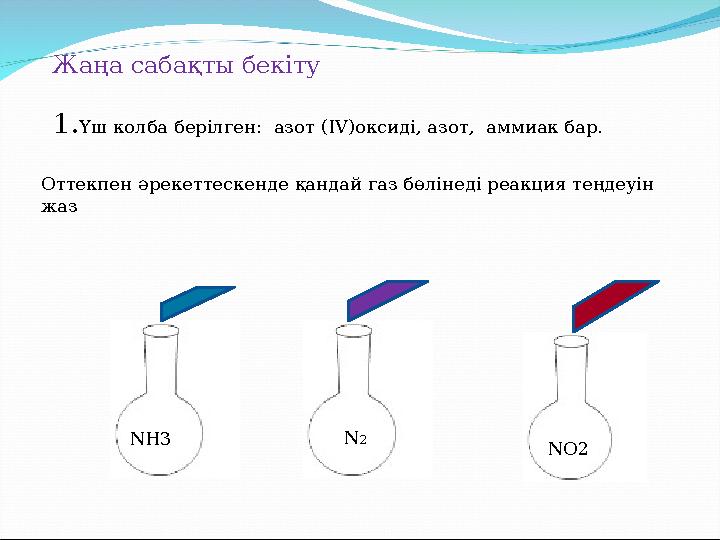 Жаңа сабақты бекіту 1.Үш колба берілген: азот (IV)оксиді, азот, аммиак бар. Оттекпен әрекеттескенде қандай газ бөлінеді реакци