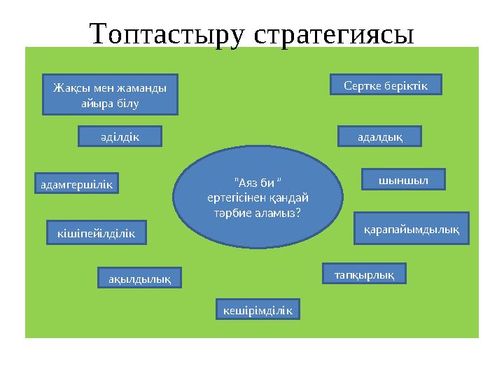 Топтастыру стратегиясы “Аяз би ” ертегісінен қандай тәрбие аламыз? Сертке беріктік адалдық шыншыл қарапайымдылық тапқырлық кеш