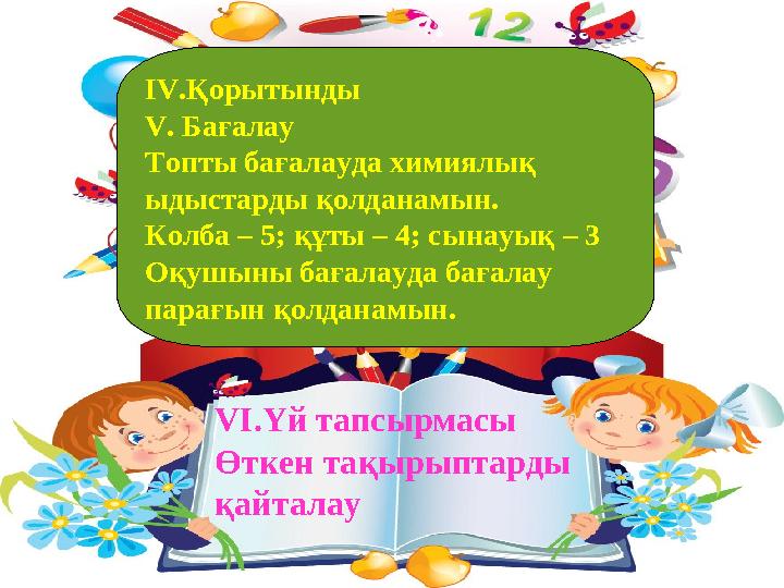 IV.Қорытынды V. Бағалау Топты бағалауда химиялық ыдыстарды қолданамын. Колба – 5; құты – 4; сынауық – 3 Оқушыны бағалауда ба