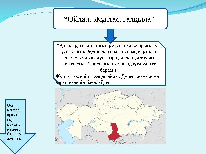 Осы әдістер арқылы оқу мақсаты- на жету. Саралау жұмысы. “Қалаларды тап “тапсырмасын жеке орындауға ұсынамын.Оқушылар гр