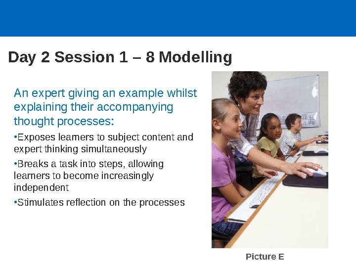 Day 2 Session 1 – 8 Modelling An expert giving an example whilst explaining their accompanying thought processes: •Exposes lea