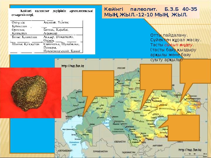 Кейінгі палеолит. Б.З.Б 40-35 МЫҢ ЖЫЛ.-12-10 МЫҢ ЖЫЛ. Отты пайдалану. Сүйектен құрал жасау. Тасты сығып өңдеу. (тасты баяу
