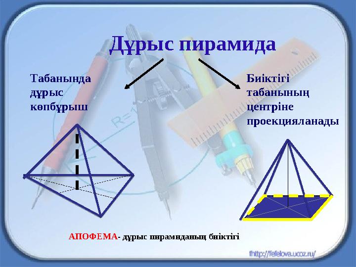 Дұрыс пирамида Табанында дұрыс көпбұрыш Биіктігі табанының центріне проекцияланады АПОФЕМА- дұрыс пирамиданың биіктігі