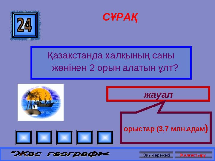 СҰРАҚ Қазақстанда халқының саны жөнінен 2 орын алатын ұлт? жауап орыстар (3,7 млн.адам) Ойын ережесі Жалғастыру