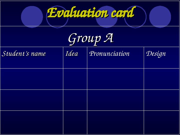 Evaluation cardEvaluation card Group AGroup A Student’s nameStudent’s name Idea Idea Pronunciation Design