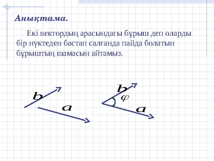  b  Анықтама. Екі вектордың арасындағы бұрыш деп оларды бір нүктеден бастап салғанда пайда болатын бұрыштың шамасын айт