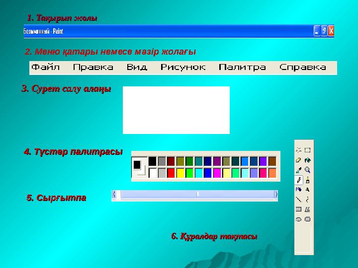 1. Тақырып жолы1. Тақырып жолы 2. Меню қатары немесе мәзір жолағы 3. Сурет салу алаңы3. Сурет салу алаңы 4. Түстер палитрасы4. Т