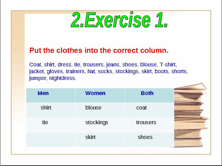Put the clothes into the correct column. Coat, shirt, dress, tie, trousers, jeans, shoes, blouse, T-shirt, jacket, gloves, trai