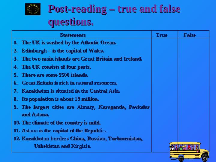 Post-reading – true and false Post-reading – true and false questions.questions.